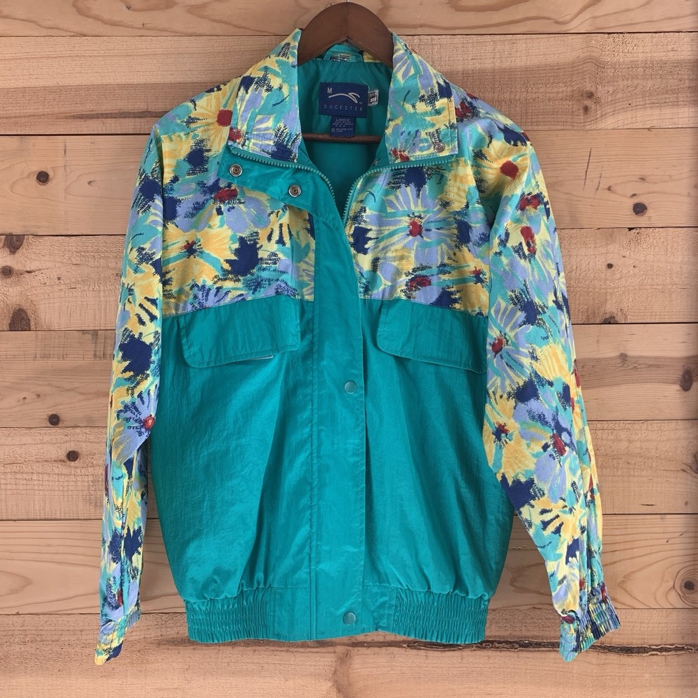 VTG‎ 90s Duckster Nylon Windbreaker M Teal With Flowers Track Jacket